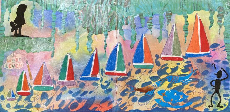 Intuïtief schilderij met zeilbootjes, gemaakt in het atelier