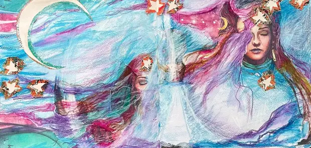 Twee vrouwen met sterren en een maansikkel, in pastel en potlood